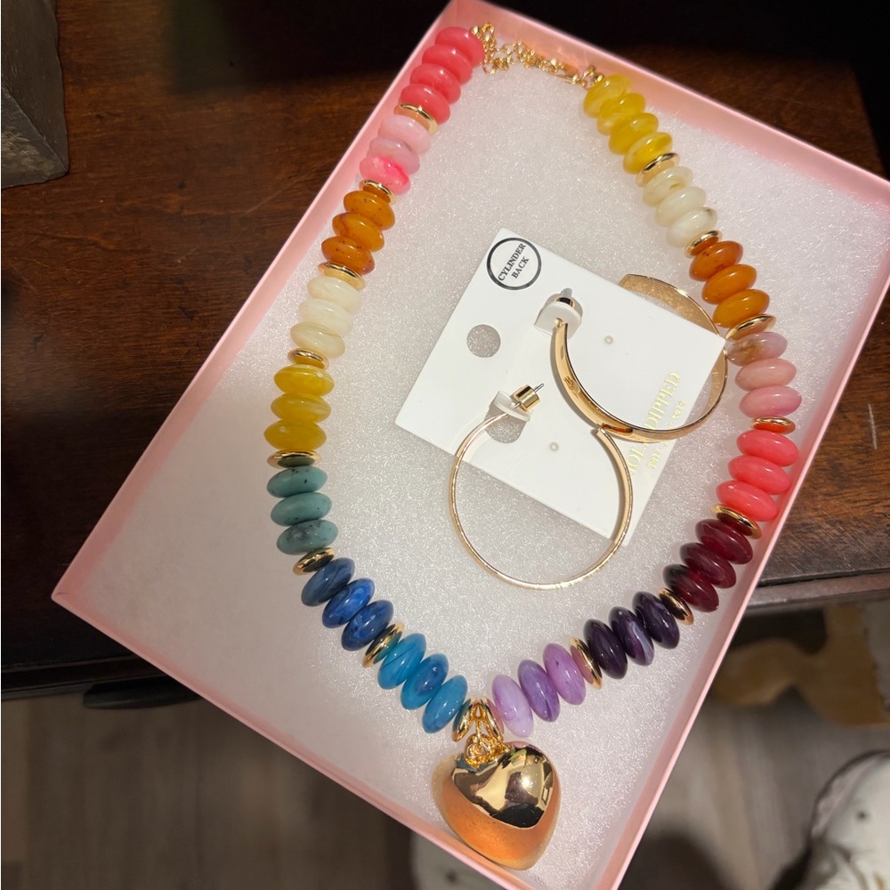a new day Multicolor Beaded Necklace with Gold Hoop Earrings